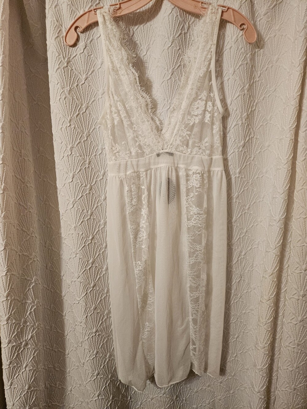 Sheer Lace V-Neck Chemise Nightgown in Off-White